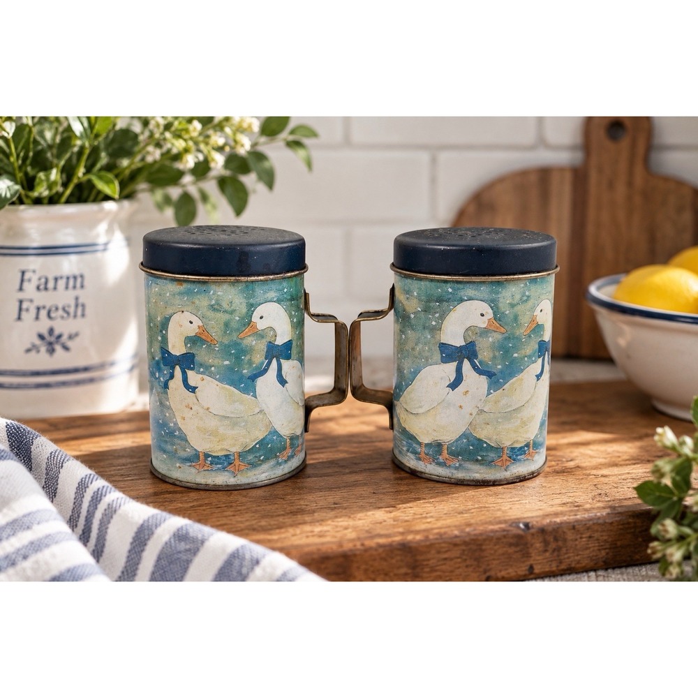 VTG Country Goose Salt Pepper Shakers Metal Tin Blue Bow Farmhouse Cottagecore